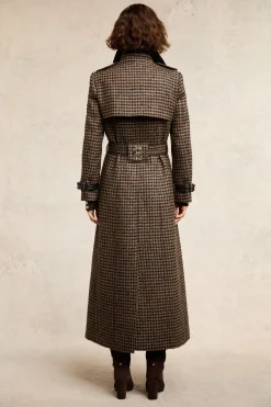 Fashion Full Length Marlborough Trench Coat (Chocolate Houndstooth) Women Trench Coats|Coats