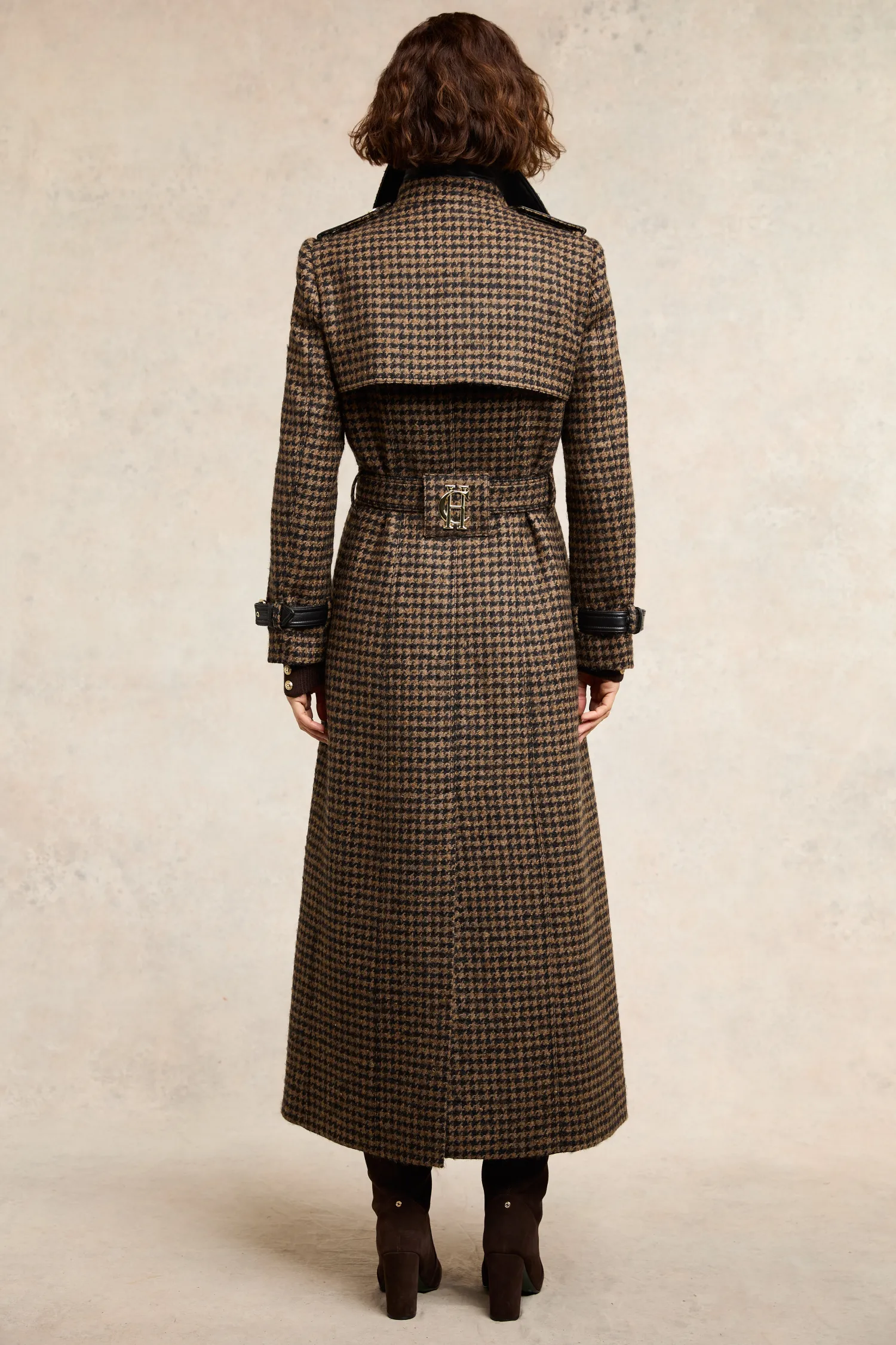 Fashion Full Length Marlborough Trench Coat (Chocolate Houndstooth) Women Trench Coats|Coats
