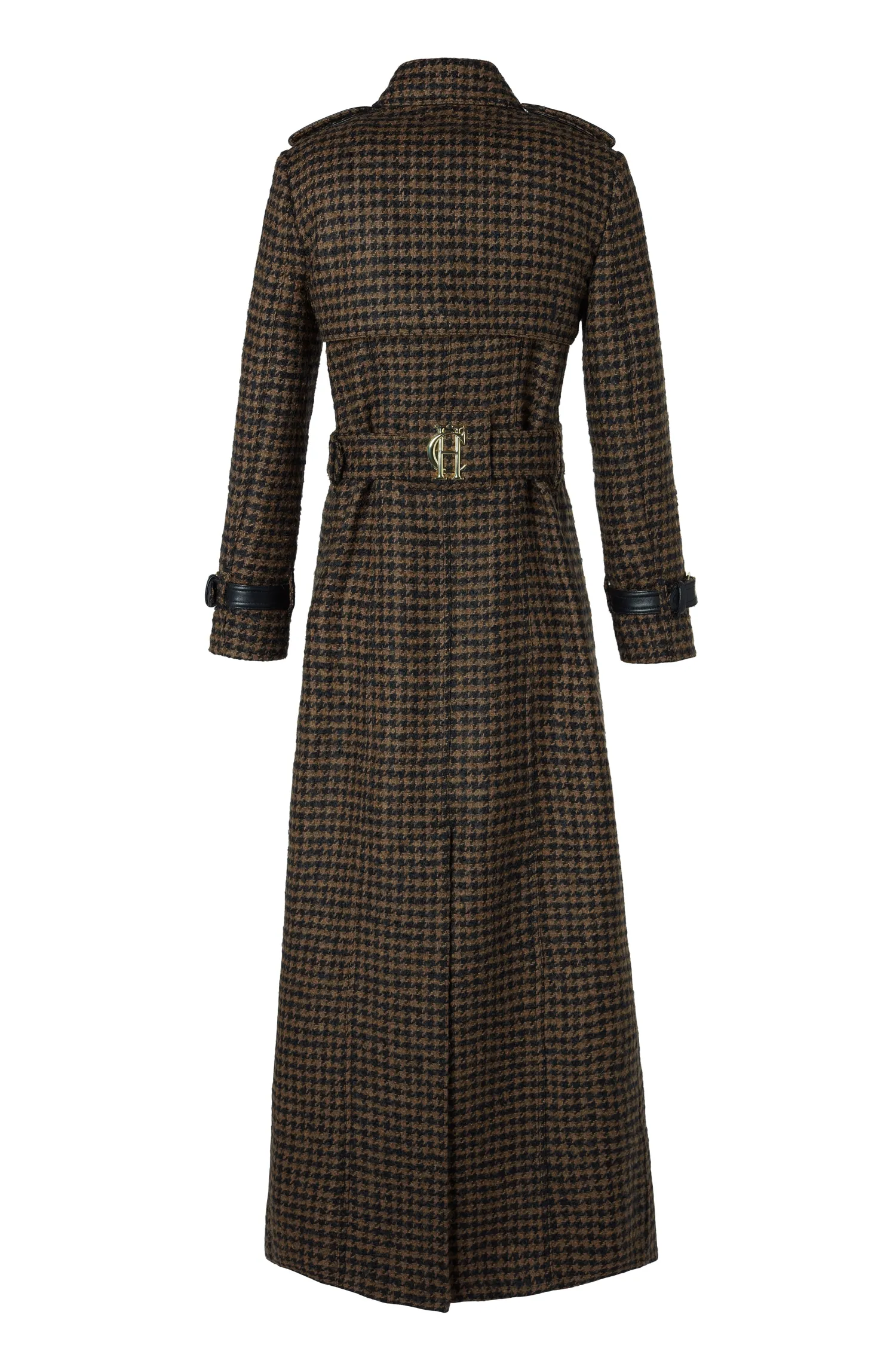 Fashion Full Length Marlborough Trench Coat (Chocolate Houndstooth) Women Trench Coats|Coats