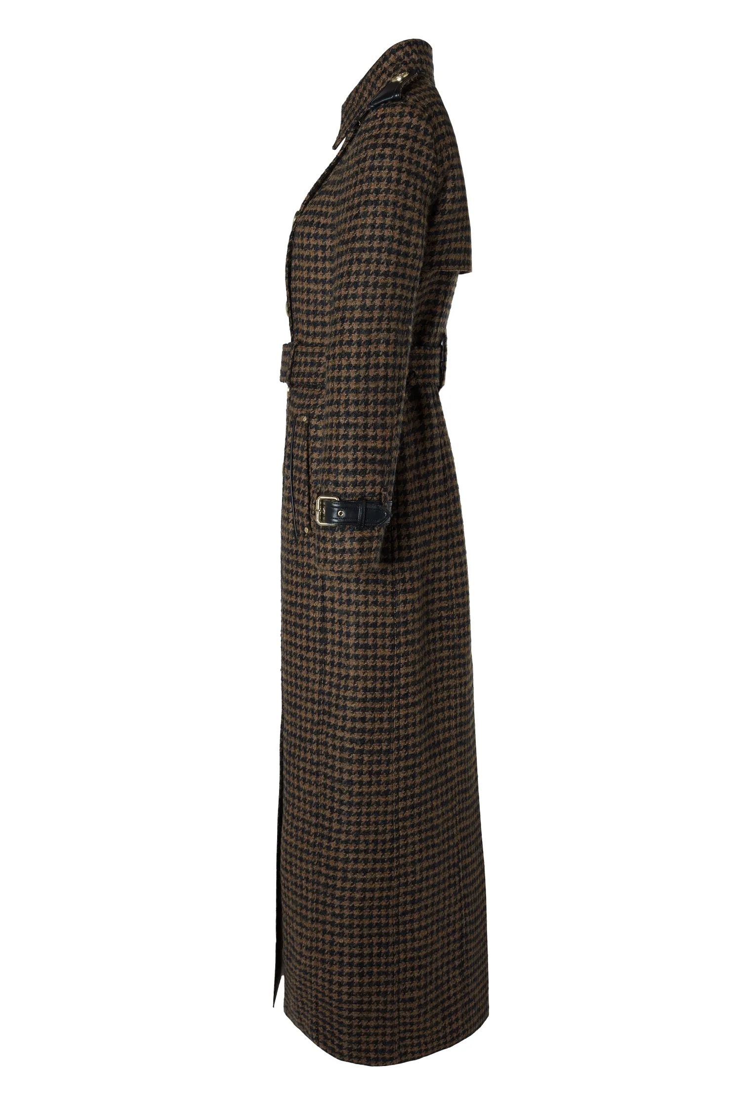 Fashion Full Length Marlborough Trench Coat (Chocolate Houndstooth) Women Trench Coats|Coats