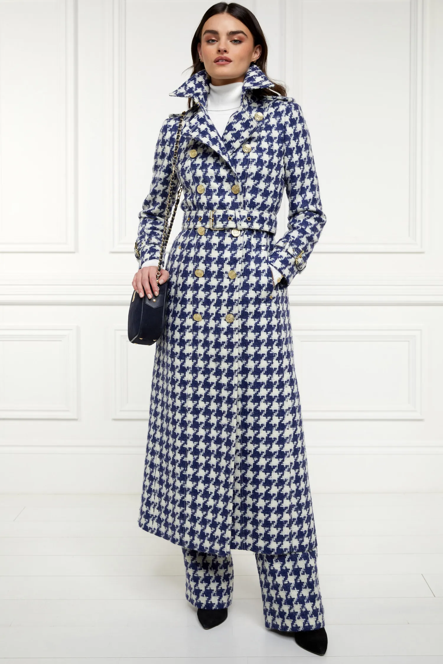 Fashion Full Length Marlborough Trench Coat (Large Scale Navy Houndstooth) Women Trench Coats|Coats