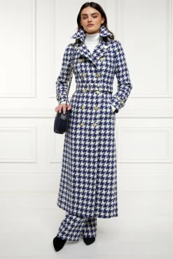 Fashion Full Length Marlborough Trench Coat (Large Scale Navy Houndstooth) Women Trench Coats|Coats