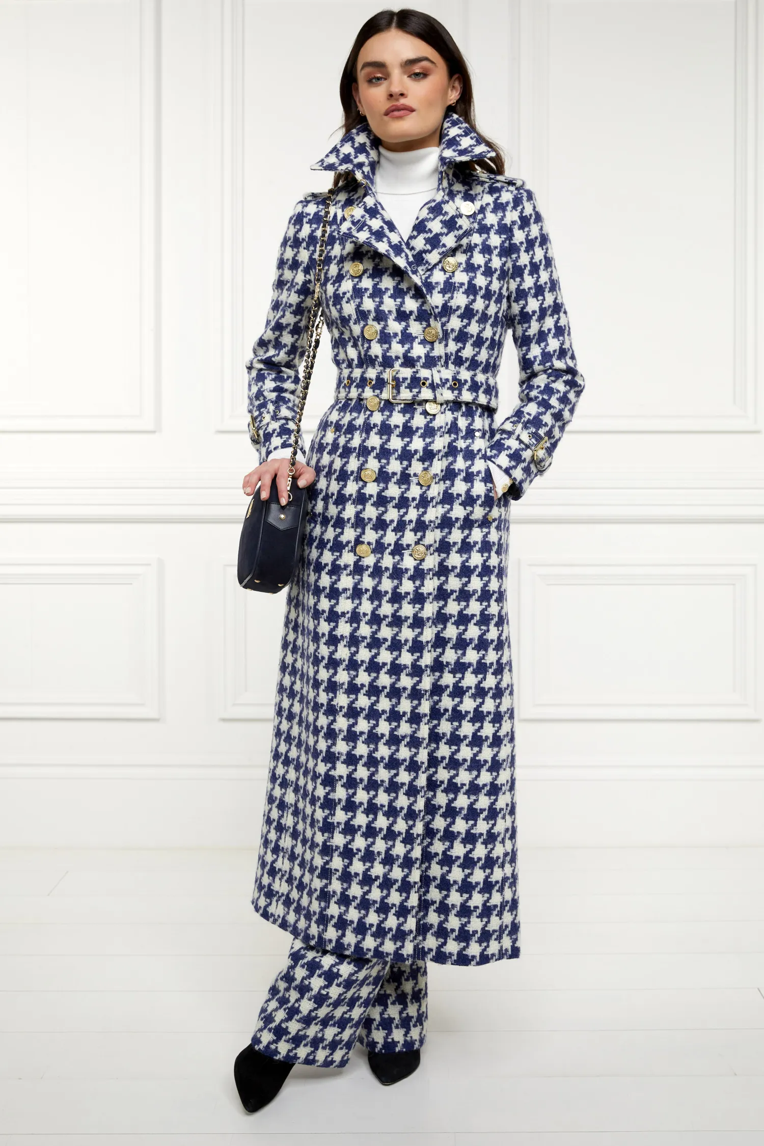 Fashion Full Length Marlborough Trench Coat (Large Scale Navy Houndstooth) Women Trench Coats|Coats