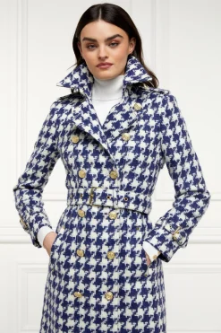 Fashion Full Length Marlborough Trench Coat (Large Scale Navy Houndstooth) Women Trench Coats|Coats