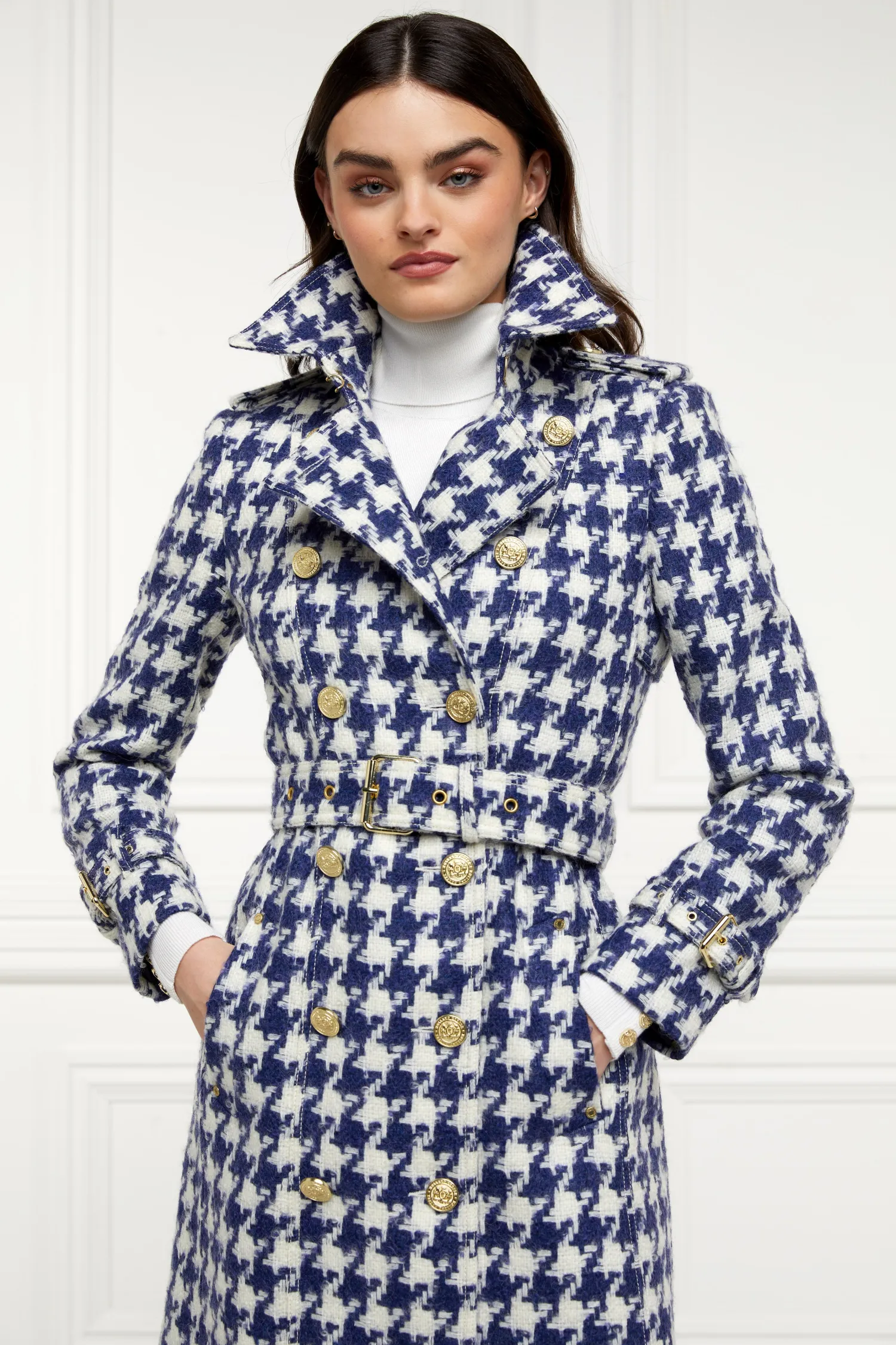 Fashion Full Length Marlborough Trench Coat (Large Scale Navy Houndstooth) Women Trench Coats|Coats