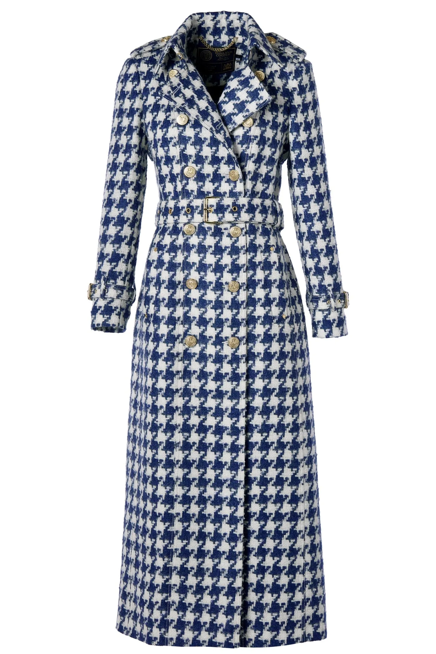Fashion Full Length Marlborough Trench Coat (Large Scale Navy Houndstooth) Women Trench Coats|Coats