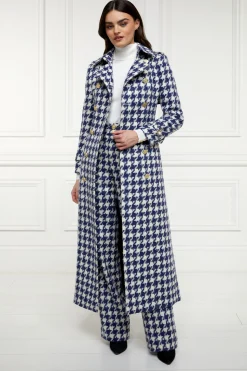 Fashion Full Length Marlborough Trench Coat (Large Scale Navy Houndstooth) Women Trench Coats|Coats