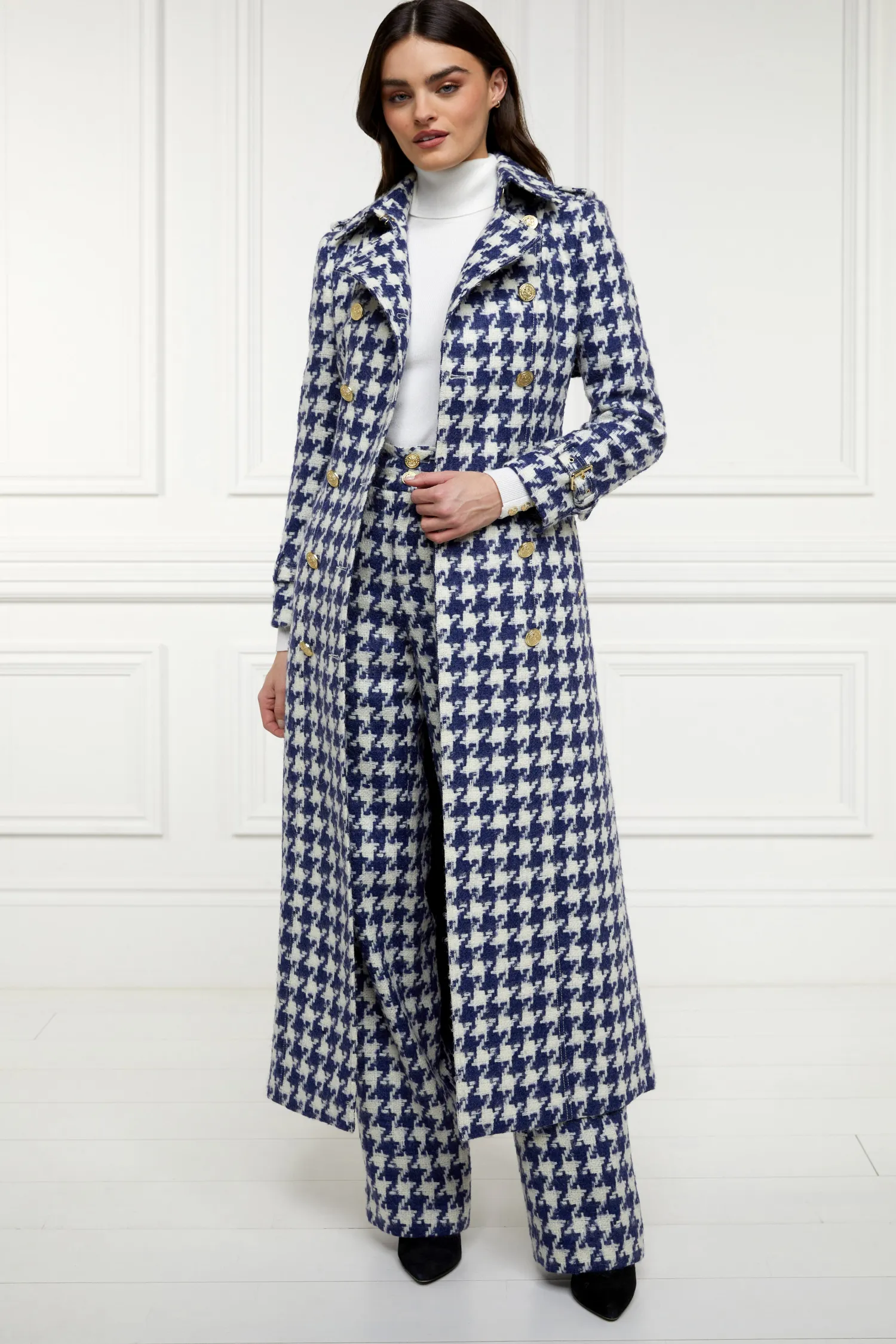 Fashion Full Length Marlborough Trench Coat (Large Scale Navy Houndstooth) Women Trench Coats|Coats