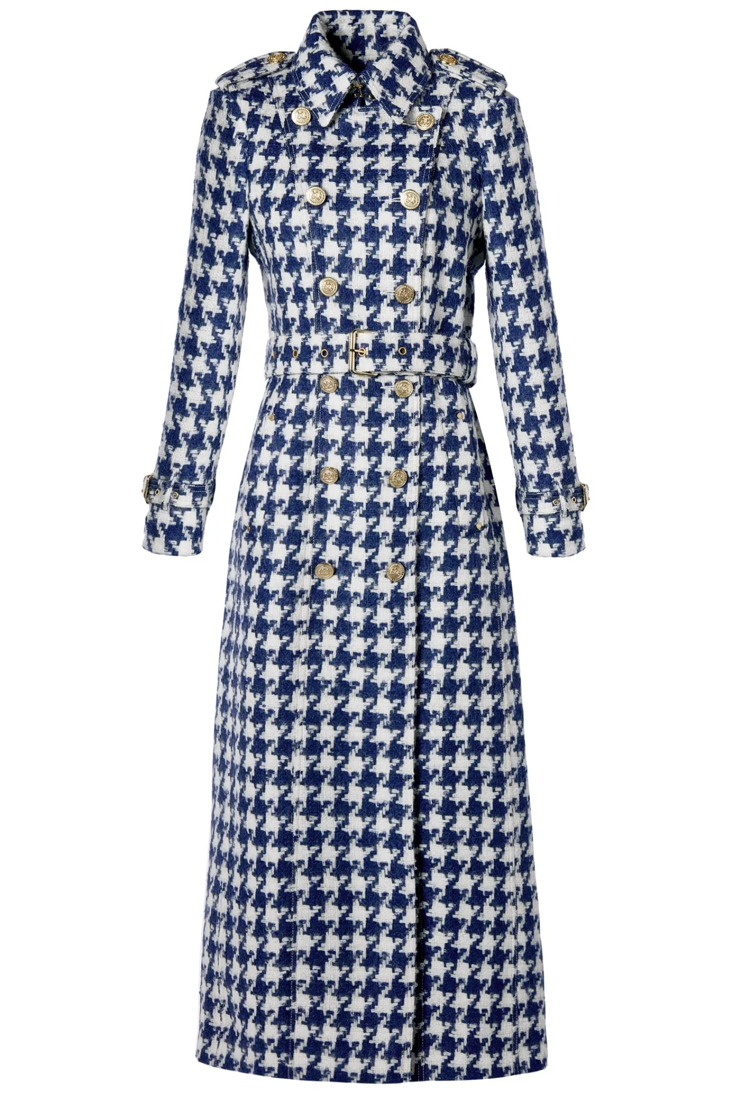 Fashion Full Length Marlborough Trench Coat (Large Scale Navy Houndstooth) Women Trench Coats|Coats