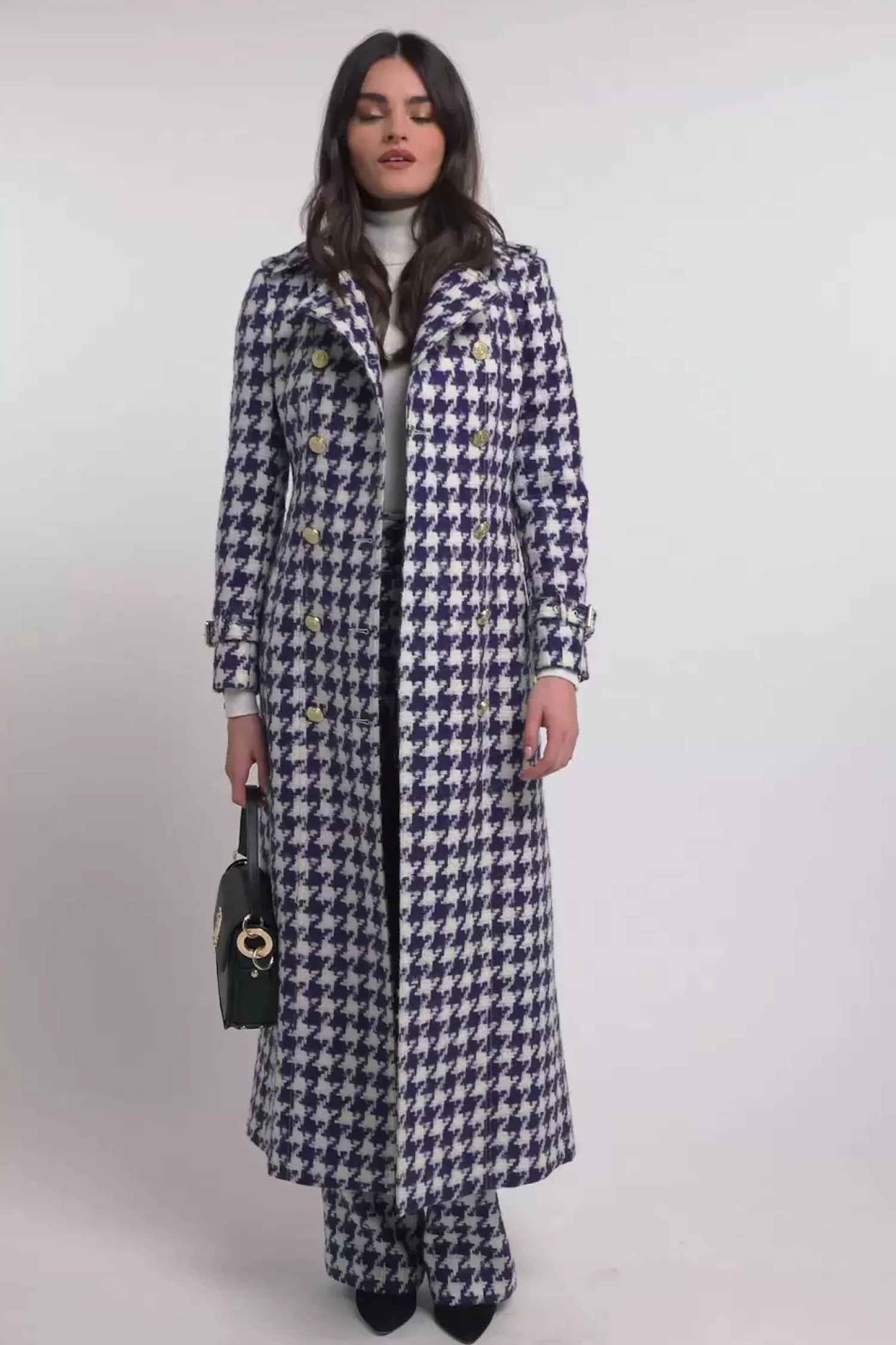 Fashion Full Length Marlborough Trench Coat (Large Scale Navy Houndstooth) Women Trench Coats|Coats