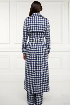 Fashion Full Length Marlborough Trench Coat (Large Scale Navy Houndstooth) Women Trench Coats|Coats