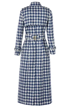 Fashion Full Length Marlborough Trench Coat (Large Scale Navy Houndstooth) Women Trench Coats|Coats