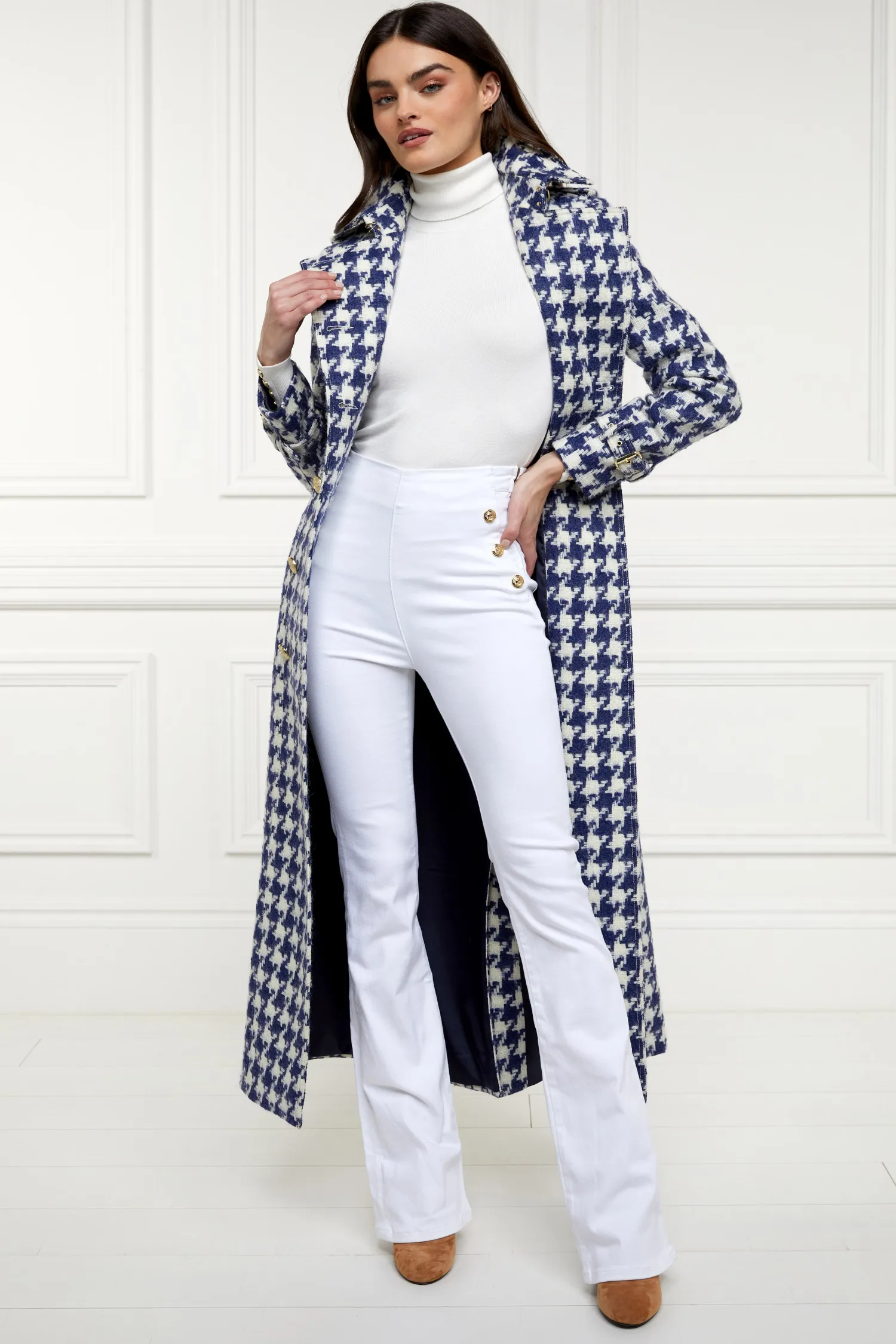 Fashion Full Length Marlborough Trench Coat (Large Scale Navy Houndstooth) Women Trench Coats|Coats
