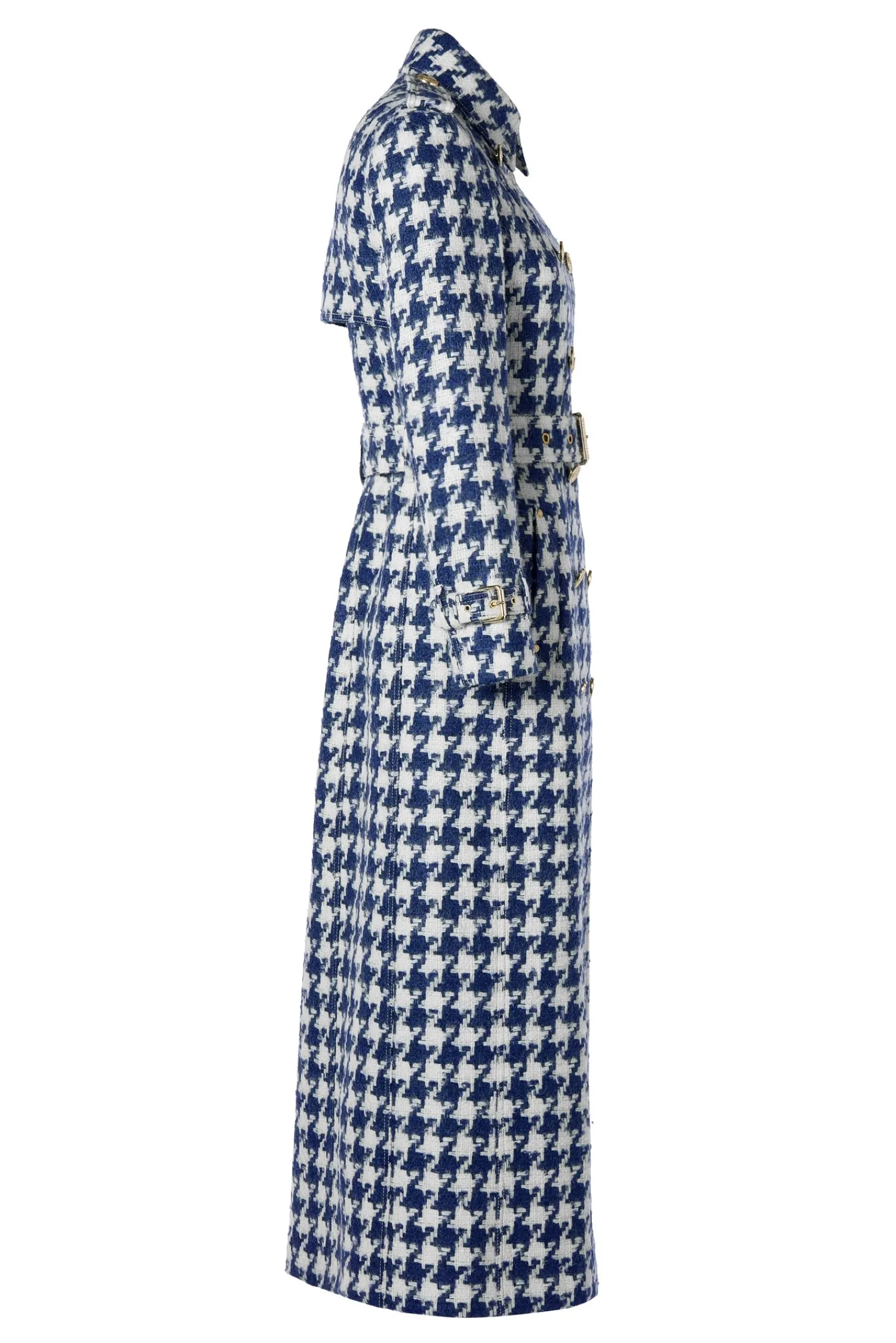 Fashion Full Length Marlborough Trench Coat (Large Scale Navy Houndstooth) Women Trench Coats|Coats