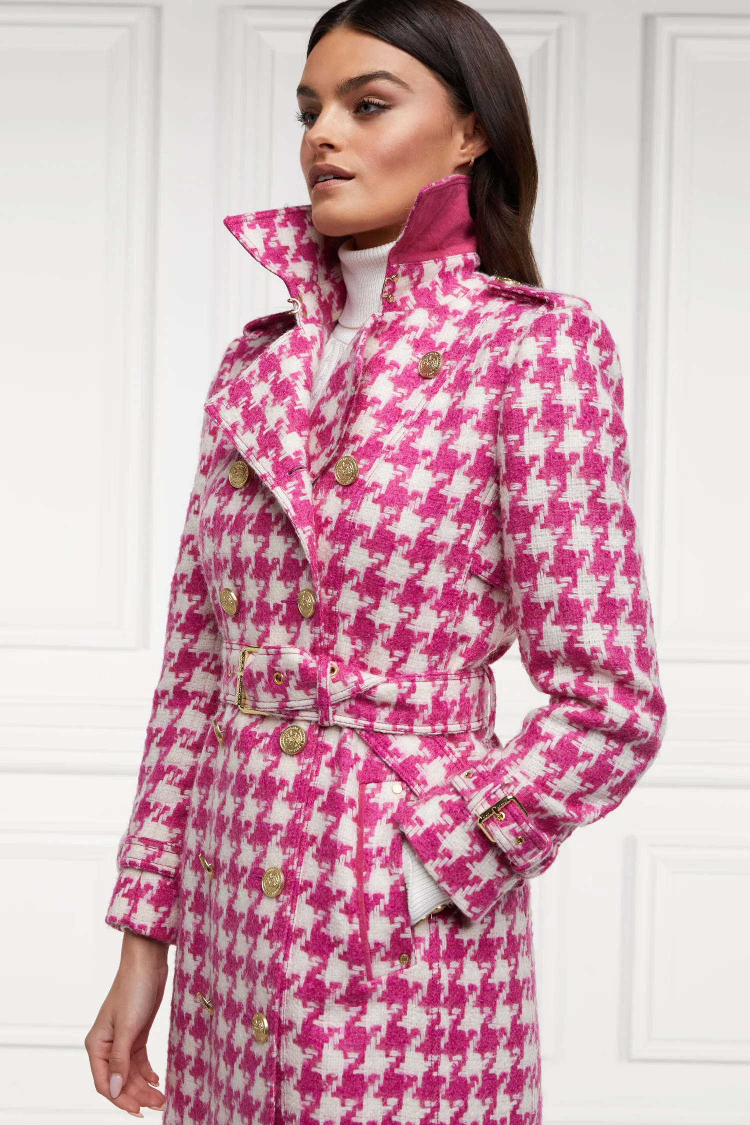 Discount Full Length Marlborough Trench Coat (Hot Pink Large Scale Houndstooth) Women Trench Coats|Coats
