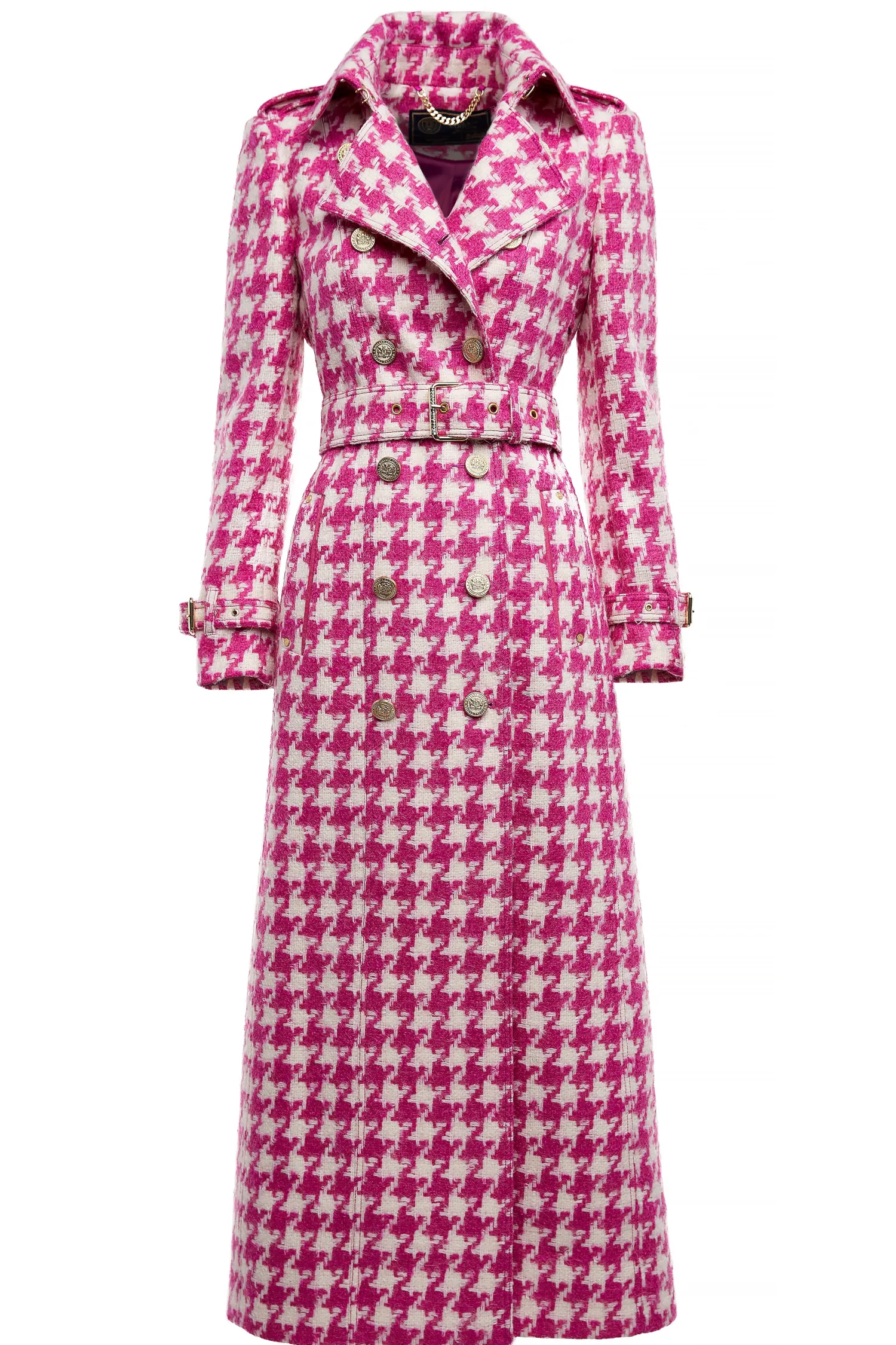 Discount Full Length Marlborough Trench Coat (Hot Pink Large Scale Houndstooth) Women Trench Coats|Coats