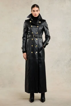 Fashion Full Length Marlborough Trench Coat (Valencia Leather Black) Women Trench Coats|Coats