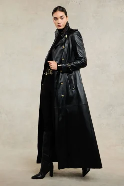 Fashion Full Length Marlborough Trench Coat (Valencia Leather Black) Women Trench Coats|Coats