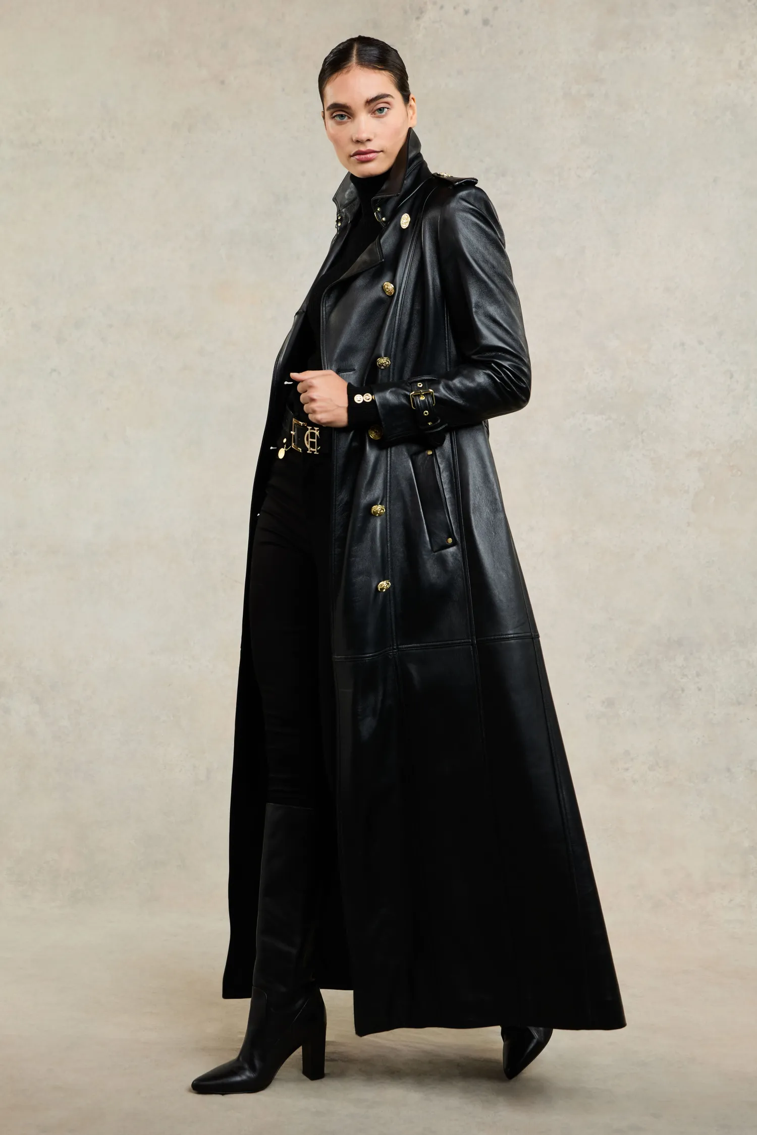 Fashion Full Length Marlborough Trench Coat (Valencia Leather Black) Women Trench Coats|Coats