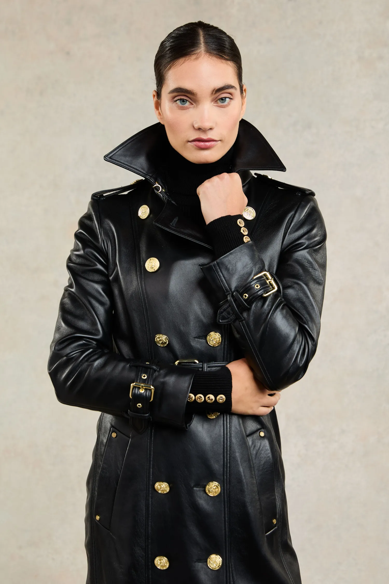 Fashion Full Length Marlborough Trench Coat (Valencia Leather Black) Women Trench Coats|Coats