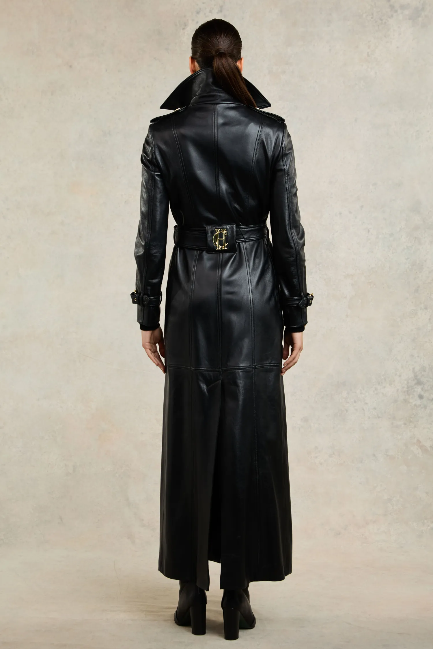Fashion Full Length Marlborough Trench Coat (Valencia Leather Black) Women Trench Coats|Coats