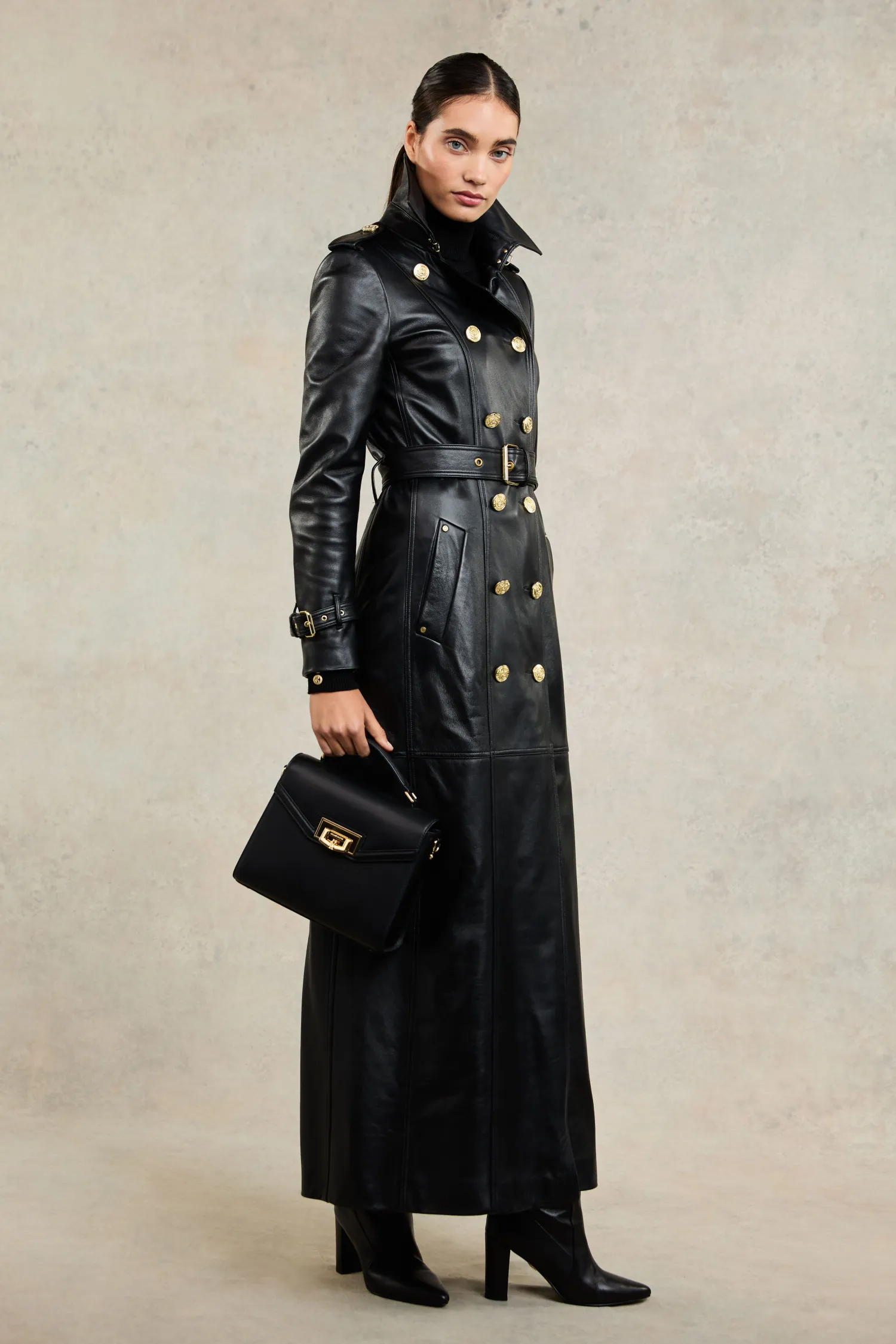 Fashion Full Length Marlborough Trench Coat (Valencia Leather Black) Women Trench Coats|Coats