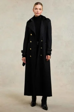 Online Full Length Marlborough Trench Coat (Black Pinstripe) Women Trench Coats|Tailoring