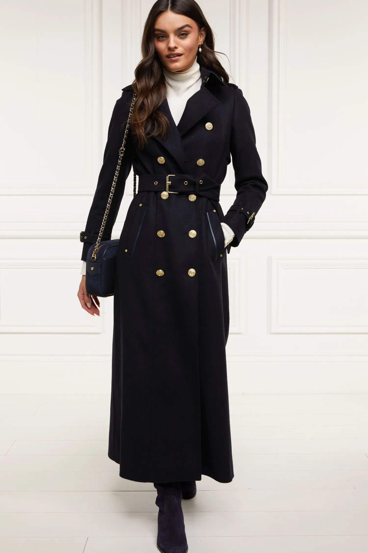 Fashion Full Length Marlborough Trench Coat (Soft Navy) Women Trench Coats|Coats