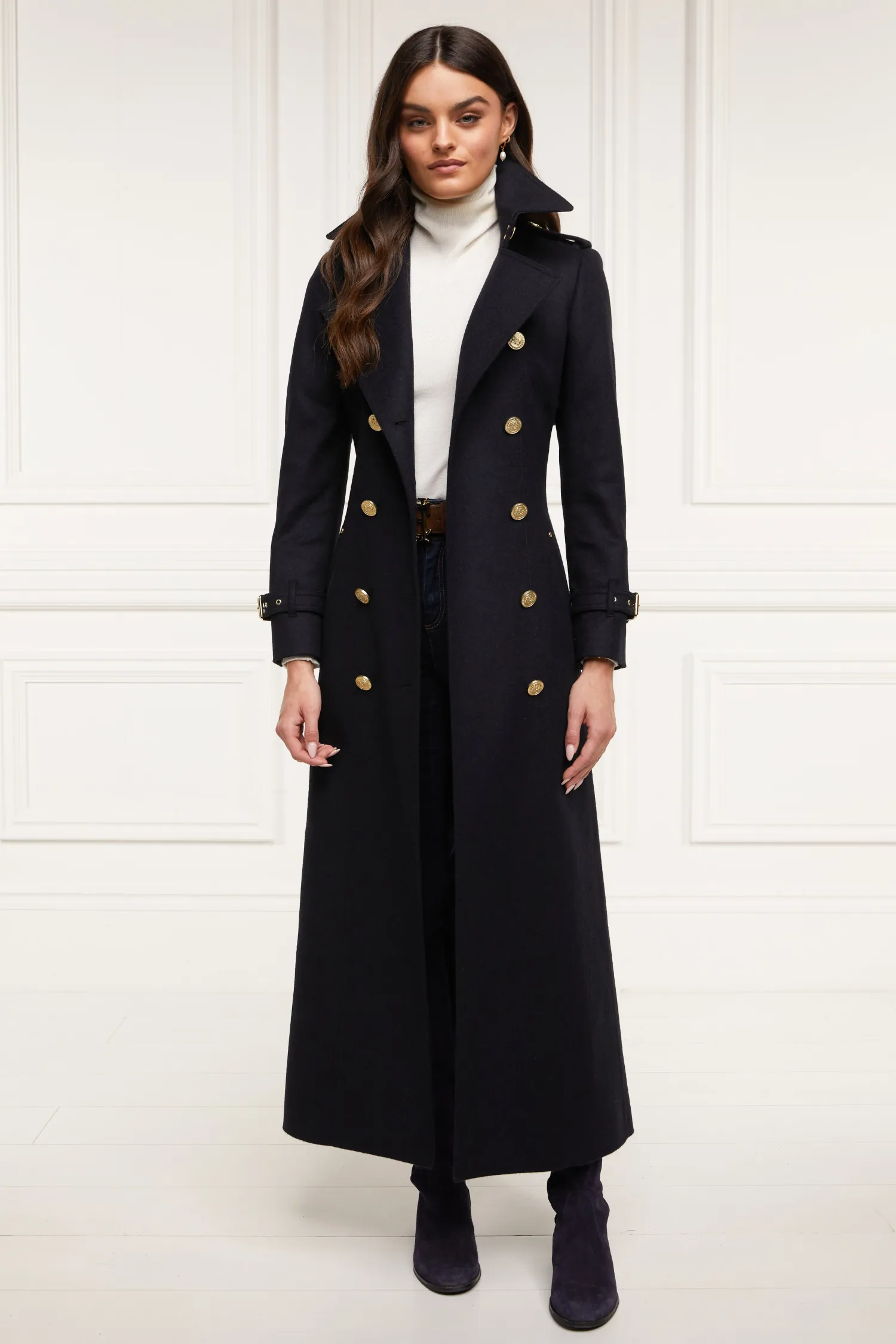 Fashion Full Length Marlborough Trench Coat (Soft Navy) Women Trench Coats|Coats
