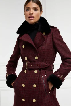 Hot Gold Label Trench (Deep Red Houndstooth) Women Trench Coats|Coats