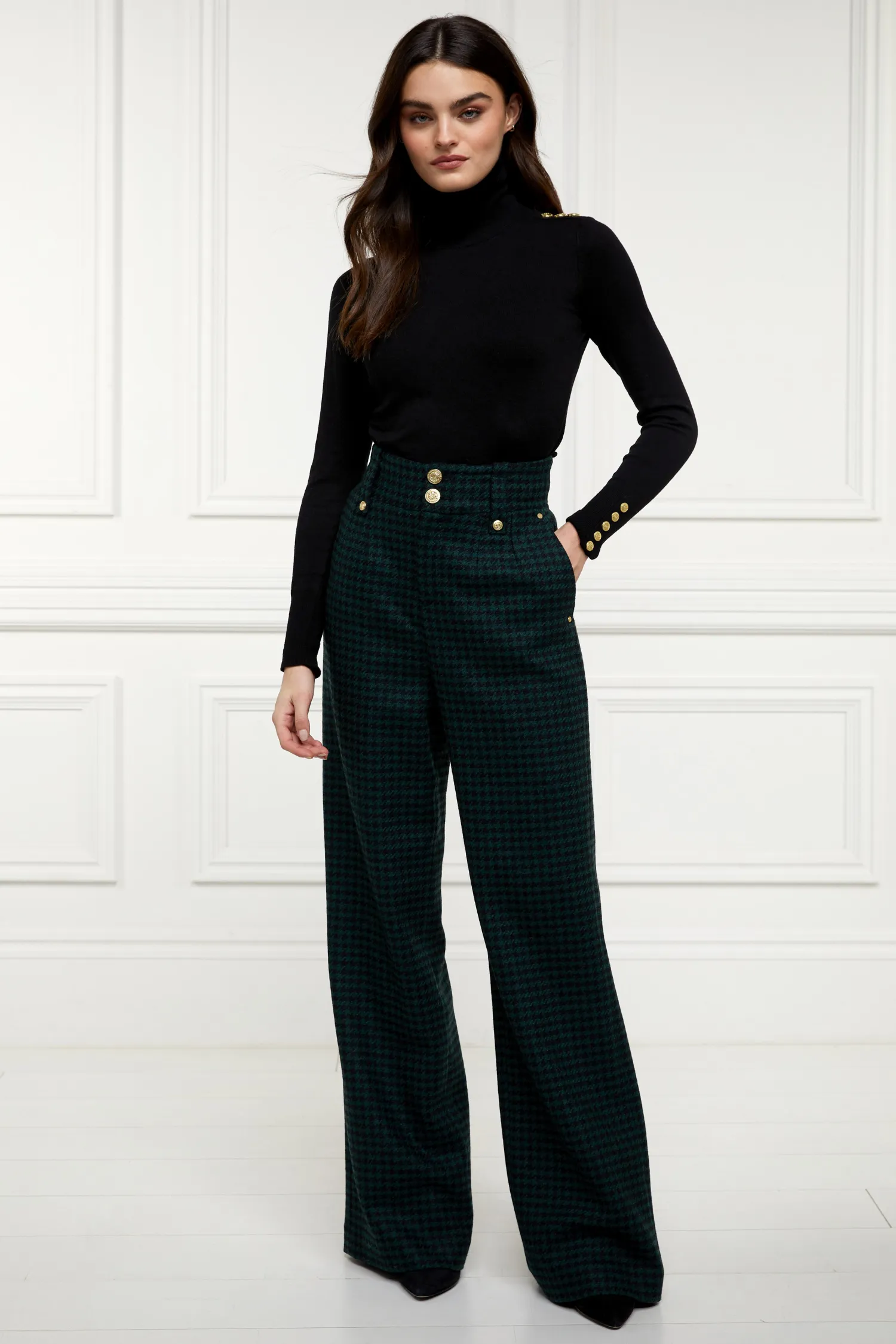 Clearance High Waisted Straight Trouser (Emerald Houndstooth) Women Trousers|Tailoring