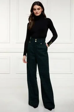 Clearance High Waisted Straight Trouser (Emerald Houndstooth) Women Trousers|Tailoring