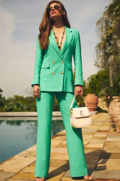 Fashion High Waisted Straight Trouser (Jade Linen) Women Trousers|Tailoring