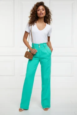 Fashion High Waisted Straight Trouser (Jade Linen) Women Trousers|Tailoring