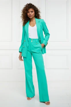 Fashion High Waisted Straight Trouser (Jade Linen) Women Trousers|Tailoring
