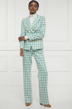 New High Waisted Straight Trouser (Large Scale Teal Houndstooth) Women Trousers|Tailoring