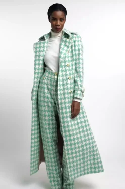 New High Waisted Straight Trouser (Large Scale Teal Houndstooth) Women Trousers|Tailoring