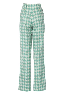 New High Waisted Straight Trouser (Large Scale Teal Houndstooth) Women Trousers|Tailoring