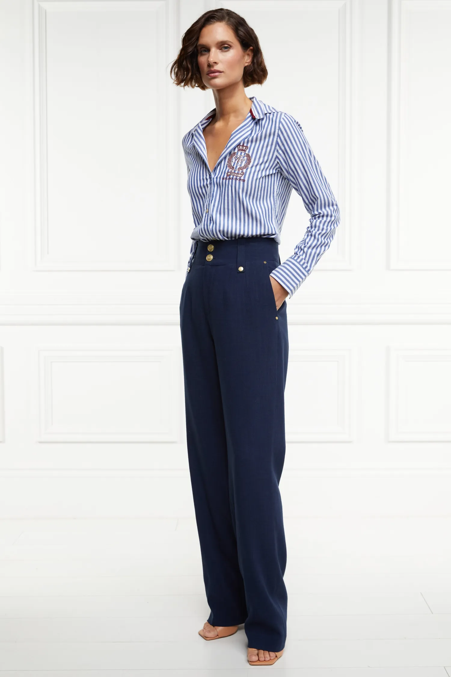 Outlet High Waisted Straight Trouser (Navy Linen) Women Trousers|Tailoring
