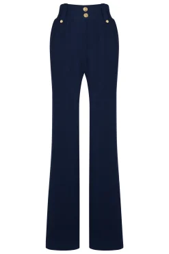 Outlet High Waisted Straight Trouser (Navy Linen) Women Trousers|Tailoring