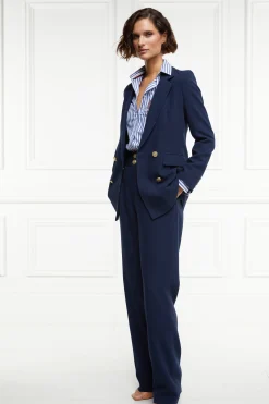 Outlet High Waisted Straight Trouser (Navy Linen) Women Trousers|Tailoring