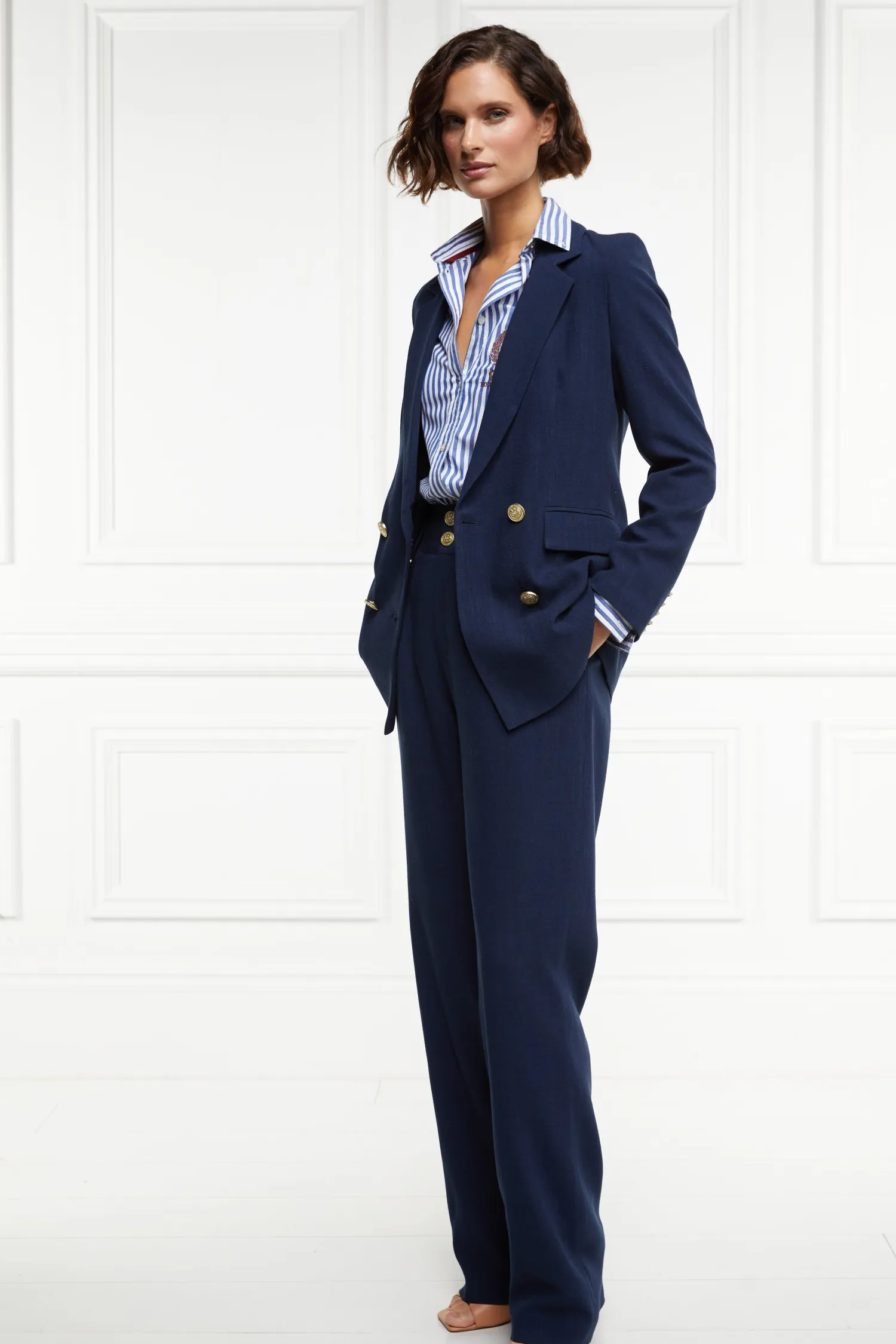 Outlet High Waisted Straight Trouser (Navy Linen) Women Trousers|Tailoring