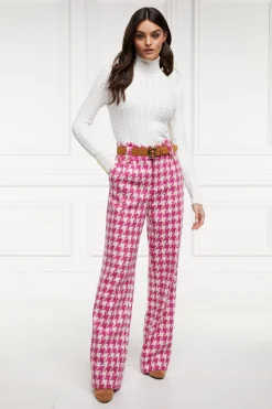 Sale High Waisted Straight Trouser (Hot Pink Large Scale Houndstooth) Women Trousers|Tailoring