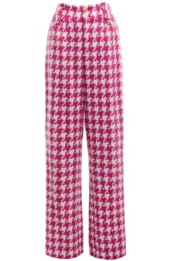 Sale High Waisted Straight Trouser (Hot Pink Large Scale Houndstooth) Women Trousers|Tailoring