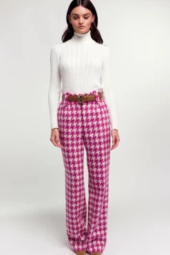 Sale High Waisted Straight Trouser (Hot Pink Large Scale Houndstooth) Women Trousers|Tailoring