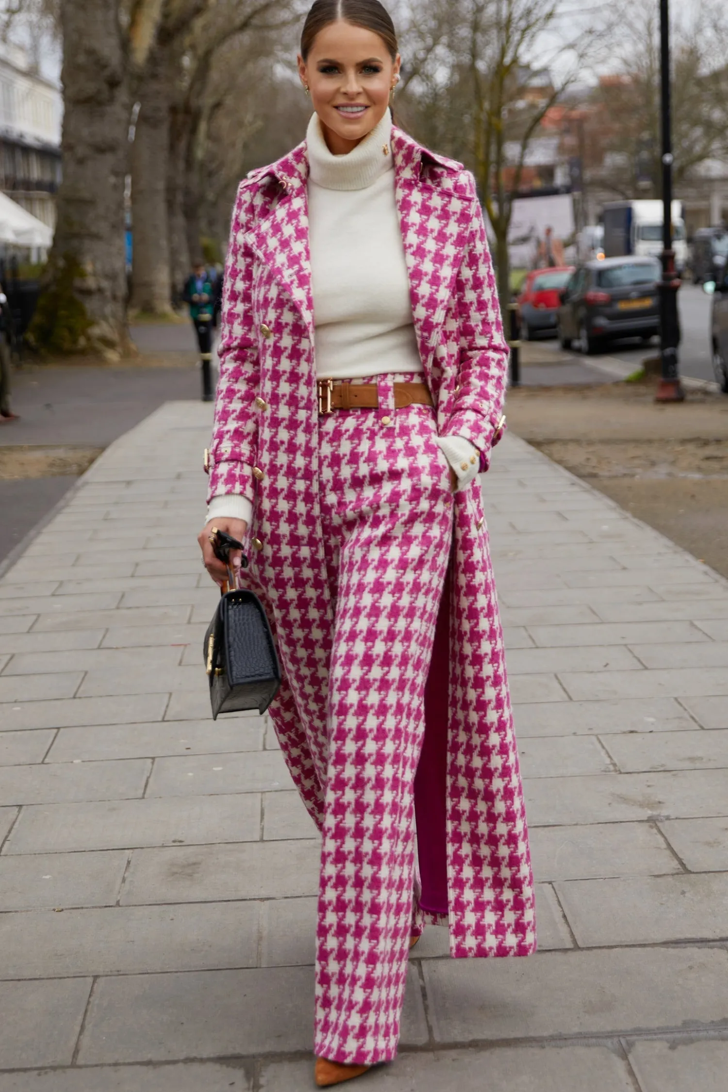Sale High Waisted Straight Trouser (Hot Pink Large Scale Houndstooth) Women Trousers|Tailoring