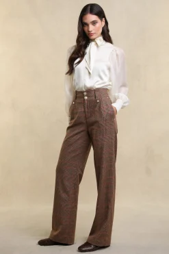 Best High Waisted Straight Trouser (Clarence Check Merlot) Women Trousers|Tailoring