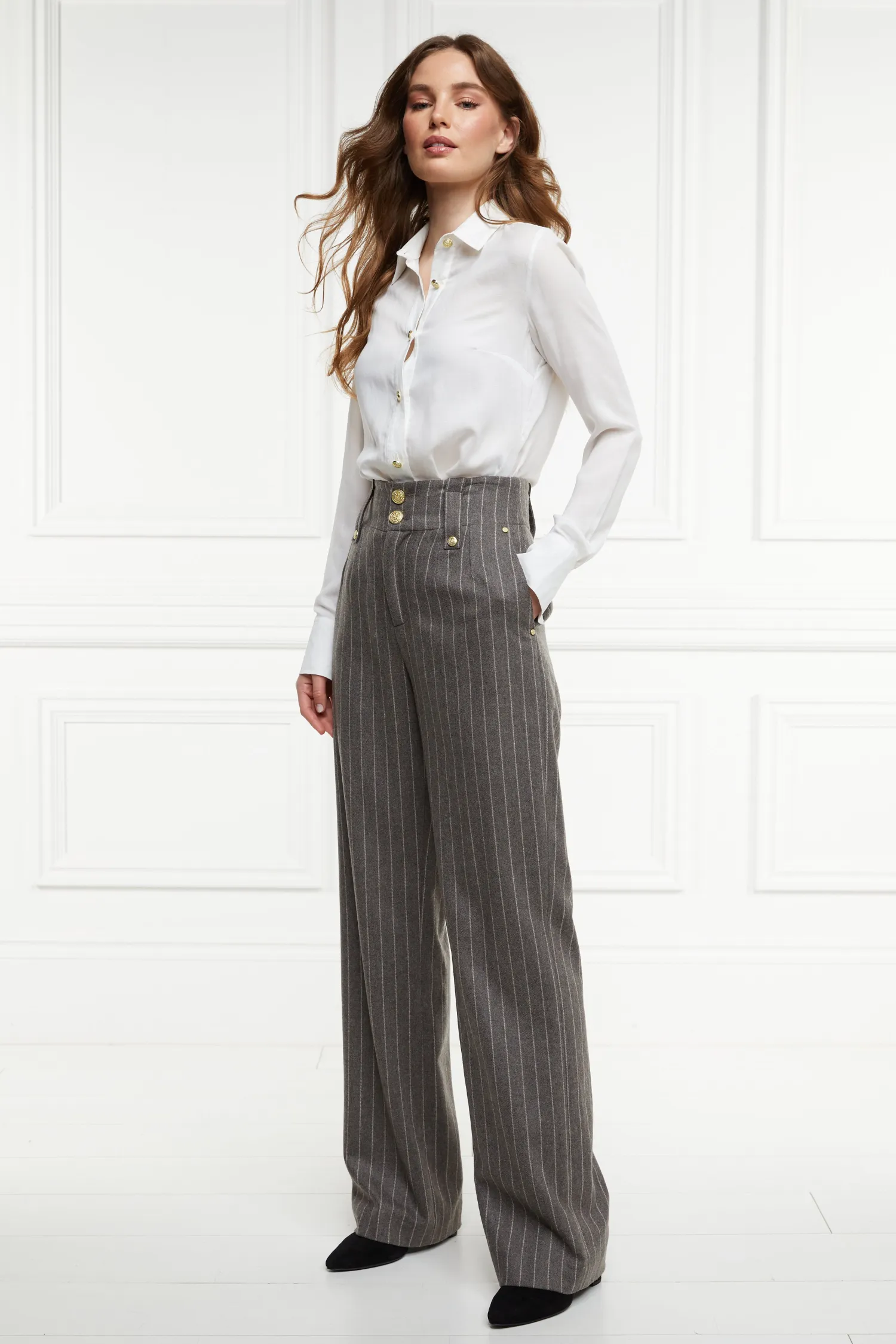 Hot High Waisted Straight Trouser (Soft Grey Pinstripe) Women Trousers|Tailoring