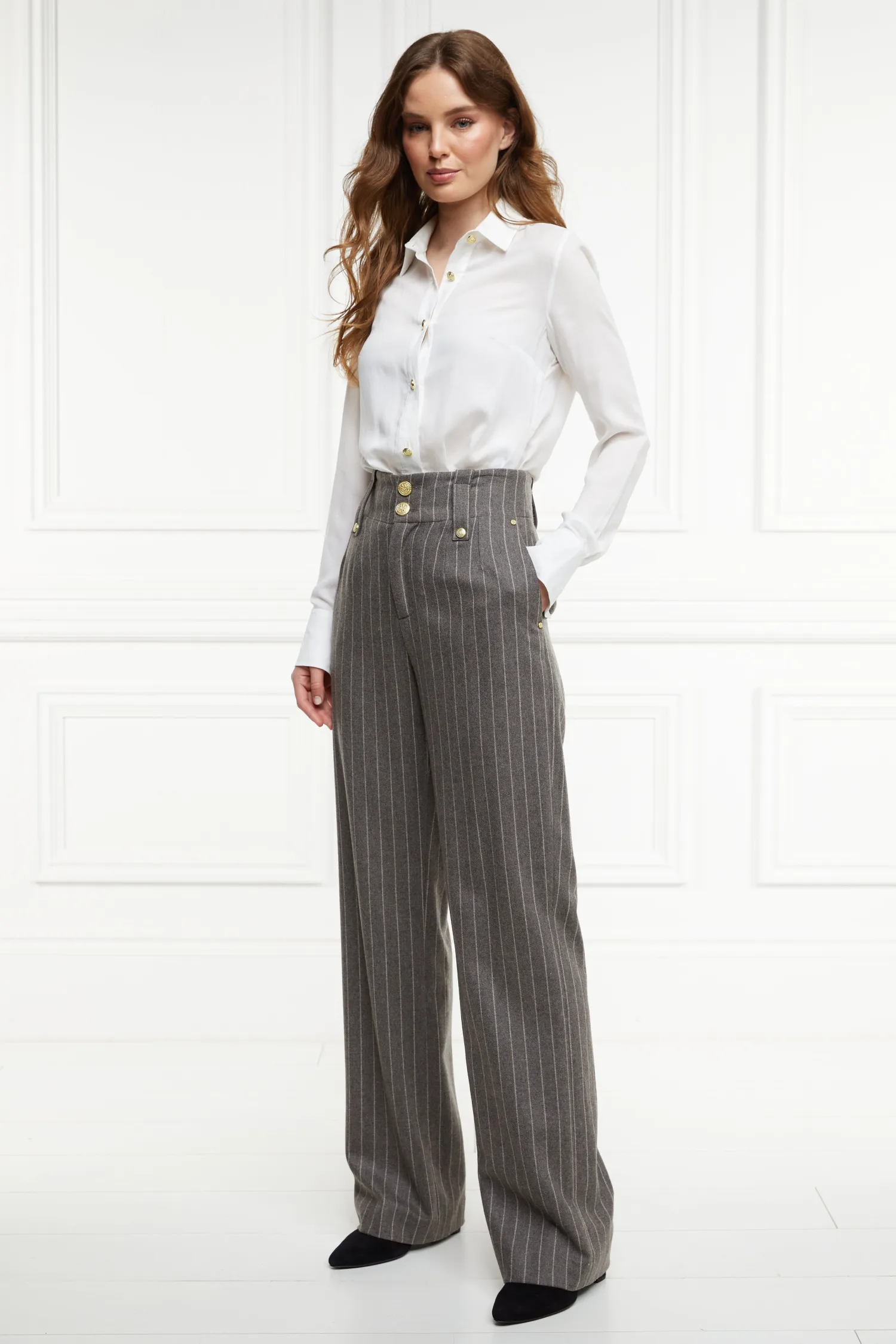 Hot High Waisted Straight Trouser (Soft Grey Pinstripe) Women Trousers|Tailoring