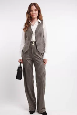 Hot High Waisted Straight Trouser (Soft Grey Pinstripe) Women Trousers|Tailoring
